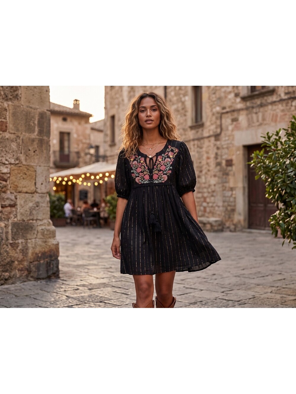 Simply Love Embroidered Metallic Clip Dot Boho Tunic Dress (Size L)